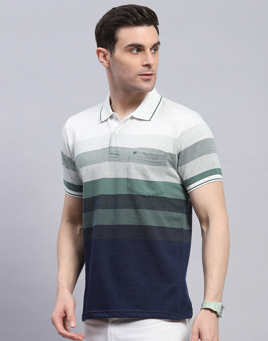 Men Green Stripe Polo Collar Half Sleeve T-Shirt - Image 3