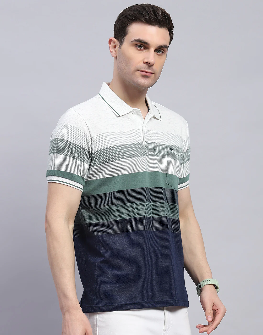 Men Green Stripe Polo Collar Half Sleeve T-Shirt - Image 4