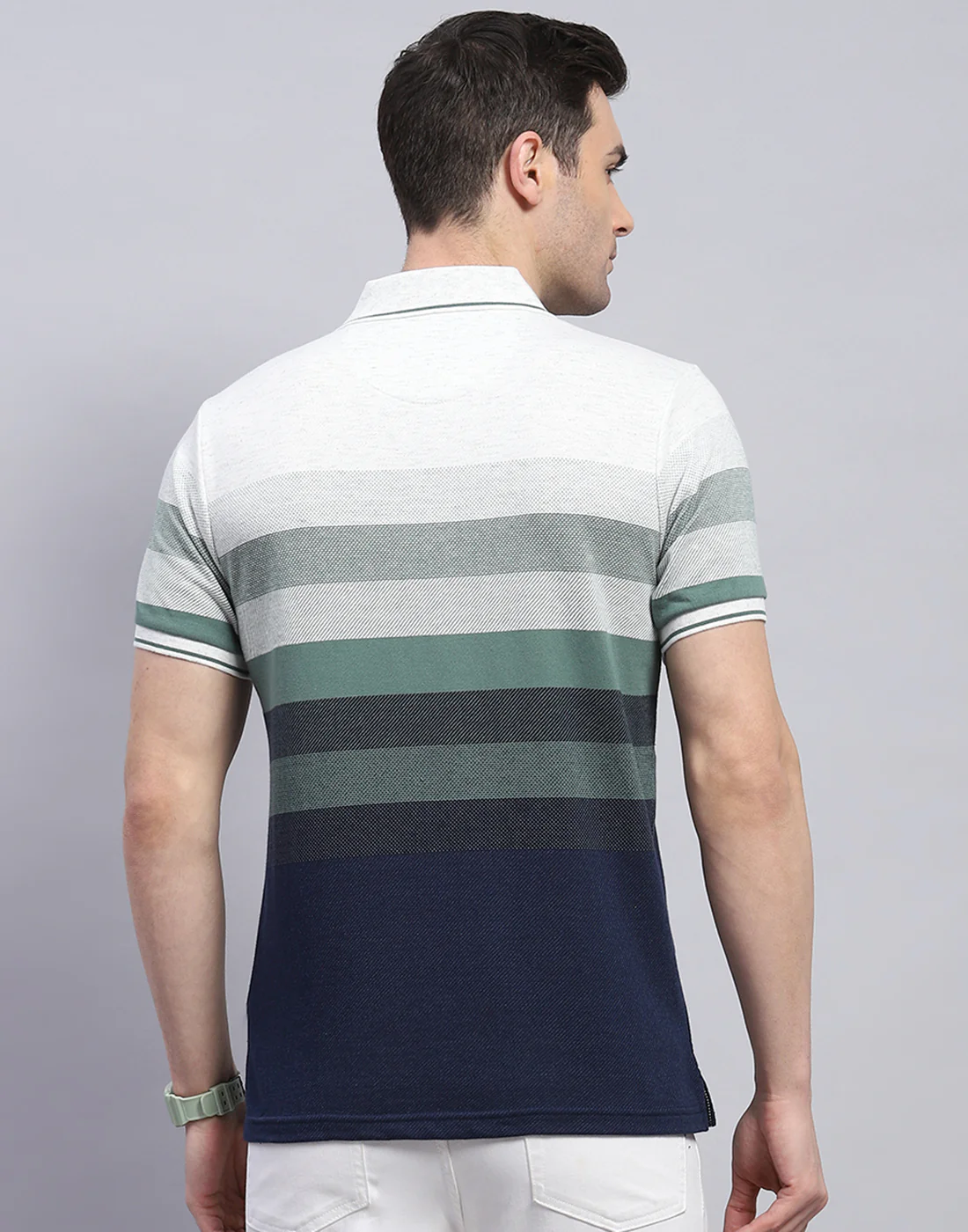 Men Green Stripe Polo Collar Half Sleeve T-Shirt - Image 5