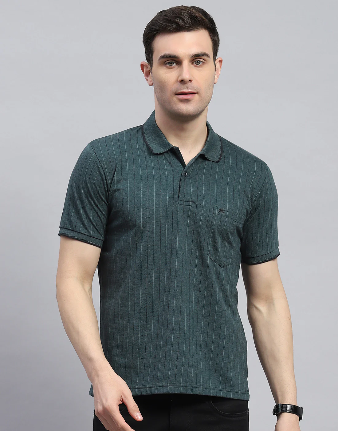 Men Green Stripe Polo Collar Half Sleeve T-Shirt - Image 2