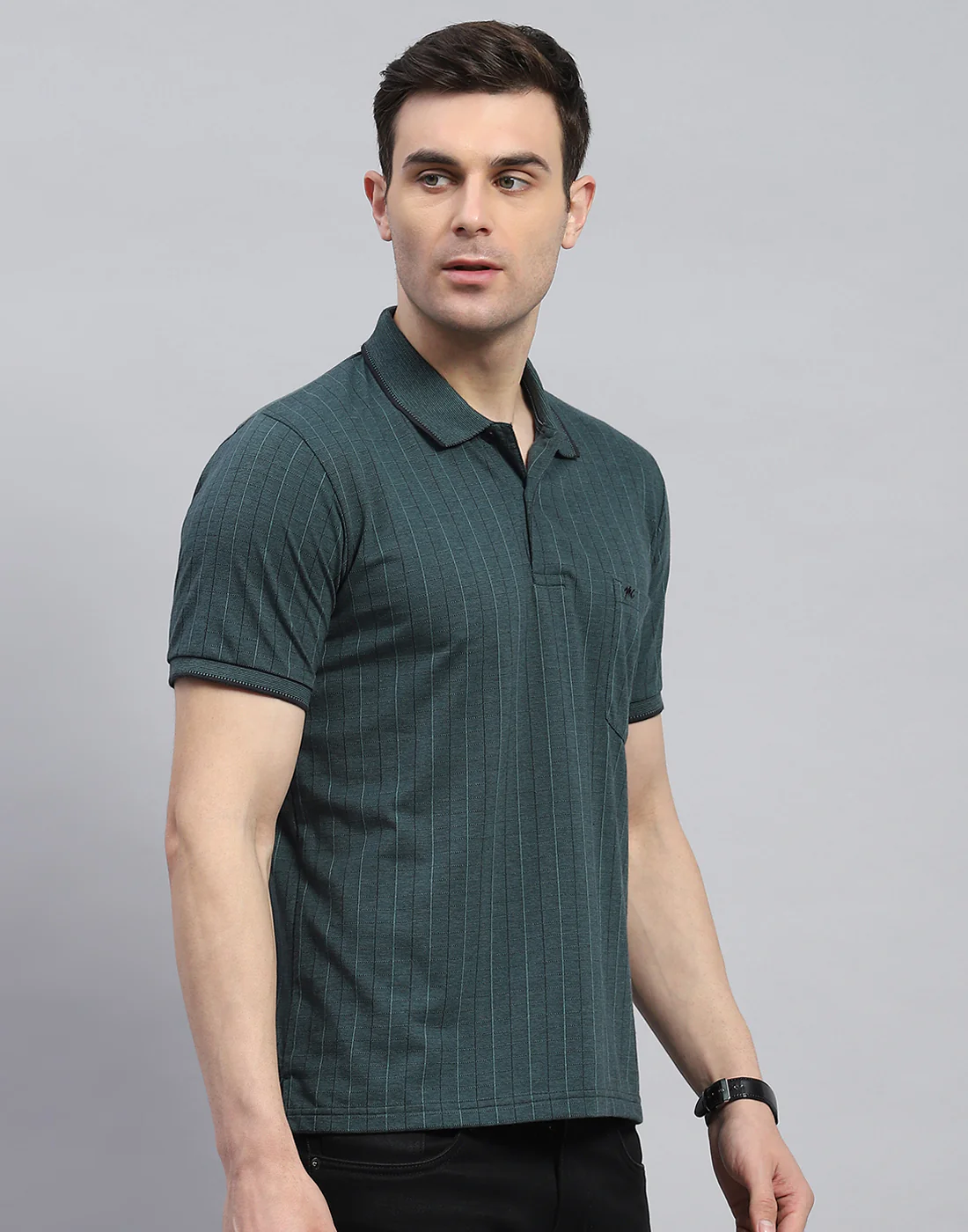 Men Green Stripe Polo Collar Half Sleeve T-Shirt - Image 4