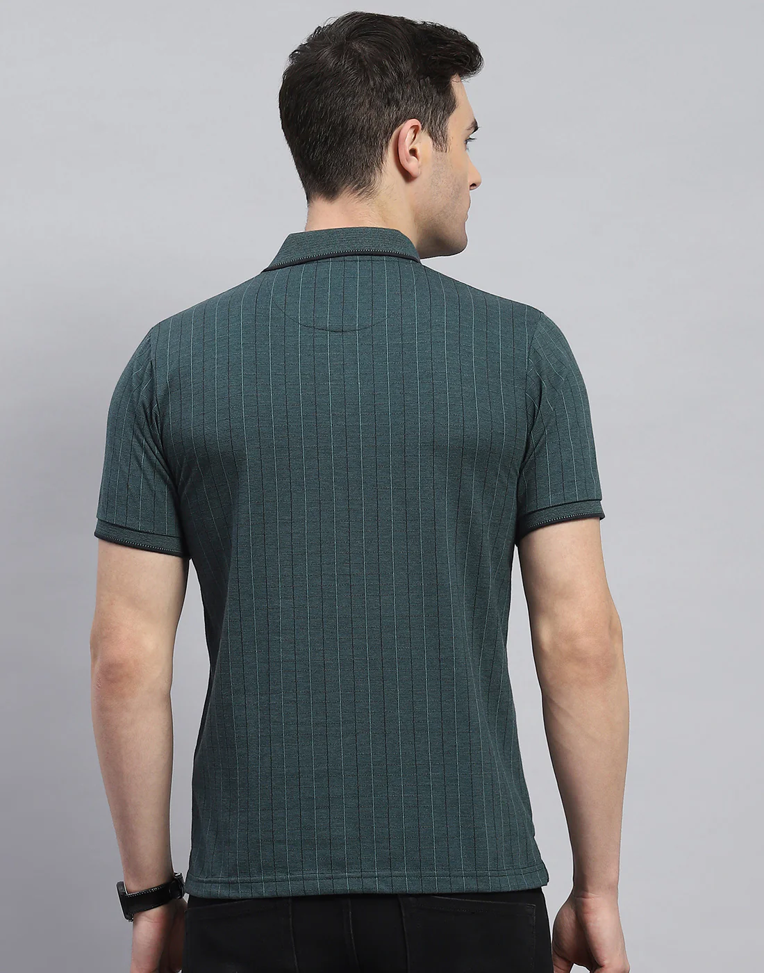 Men Green Stripe Polo Collar Half Sleeve T-Shirt - Image 5