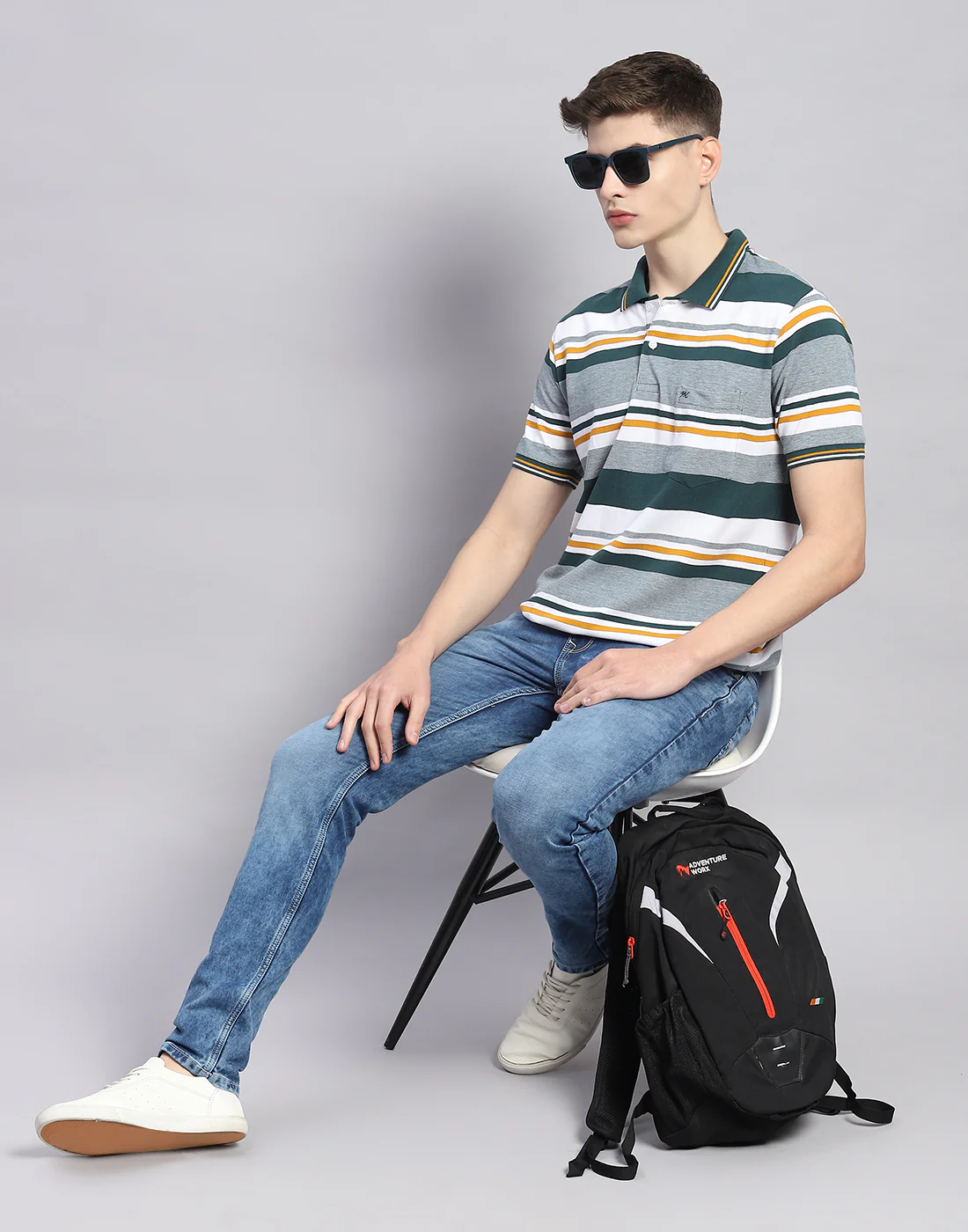 Men Green Stripe Polo Collar Half Sleeve T-Shirt - Image 2