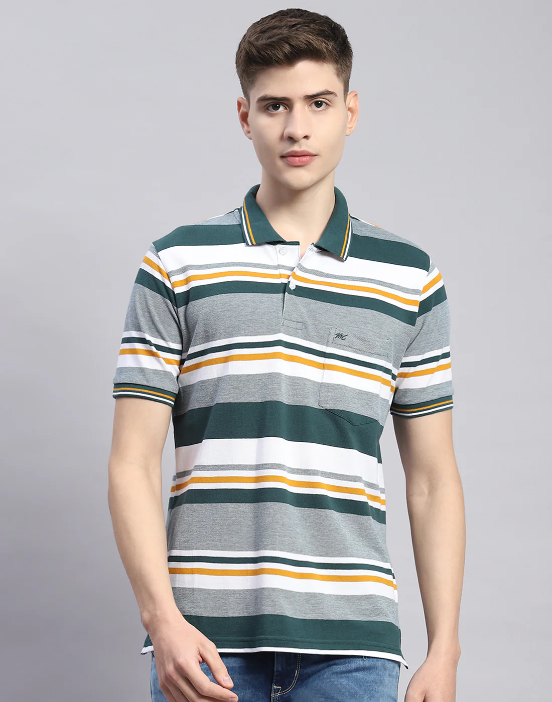 Men Green Stripe Polo Collar Half Sleeve T-Shirt - Image 3