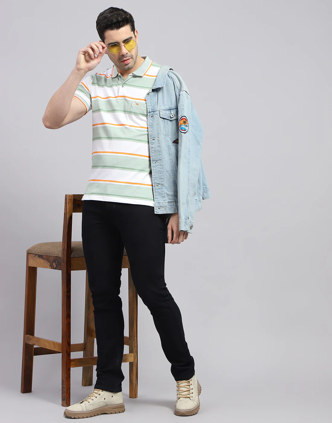 Men Green Stripe Polo Collar Half Sleeve T-Shirt - Image 2