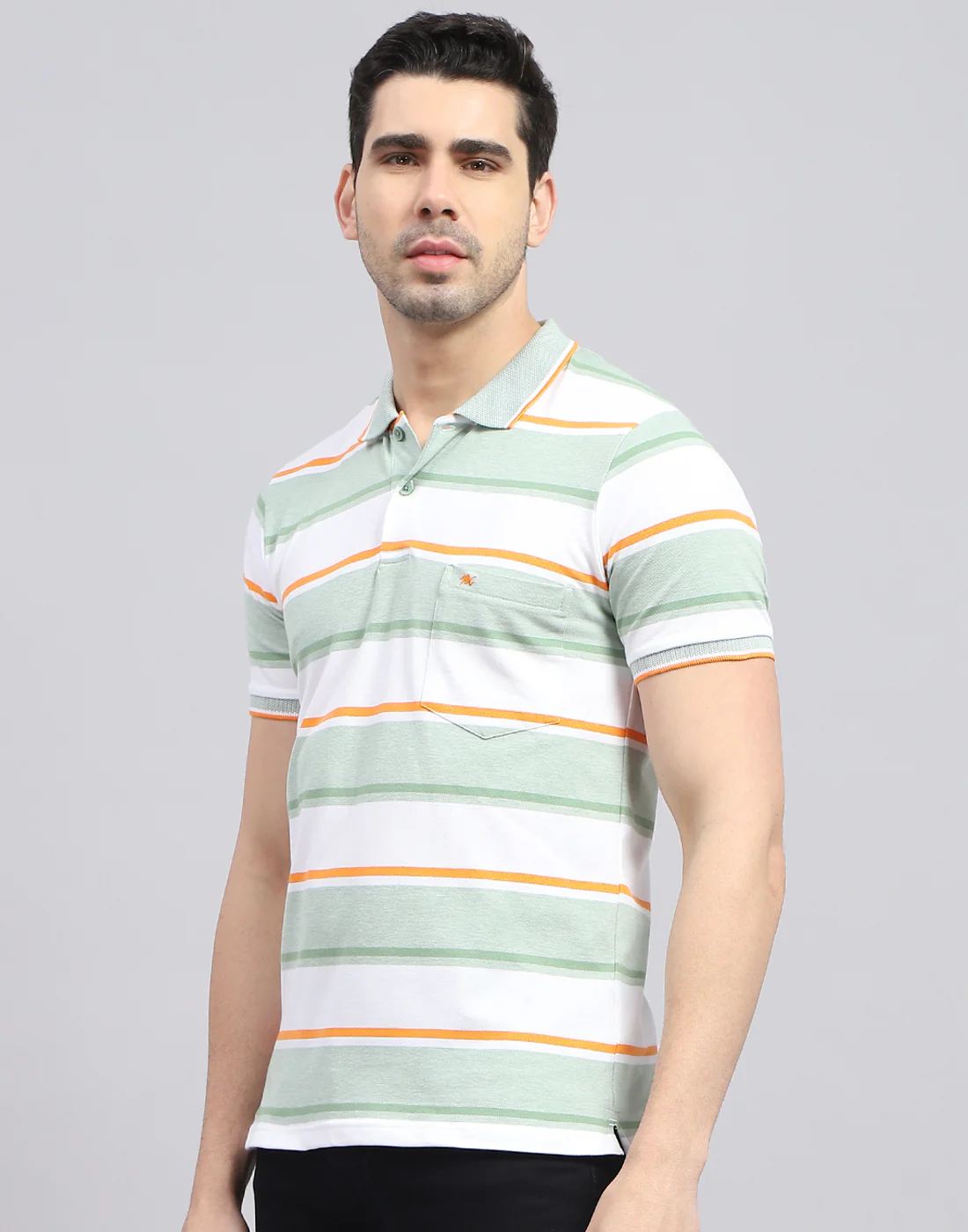 Men Green Stripe Polo Collar Half Sleeve T-Shirt - Image 3