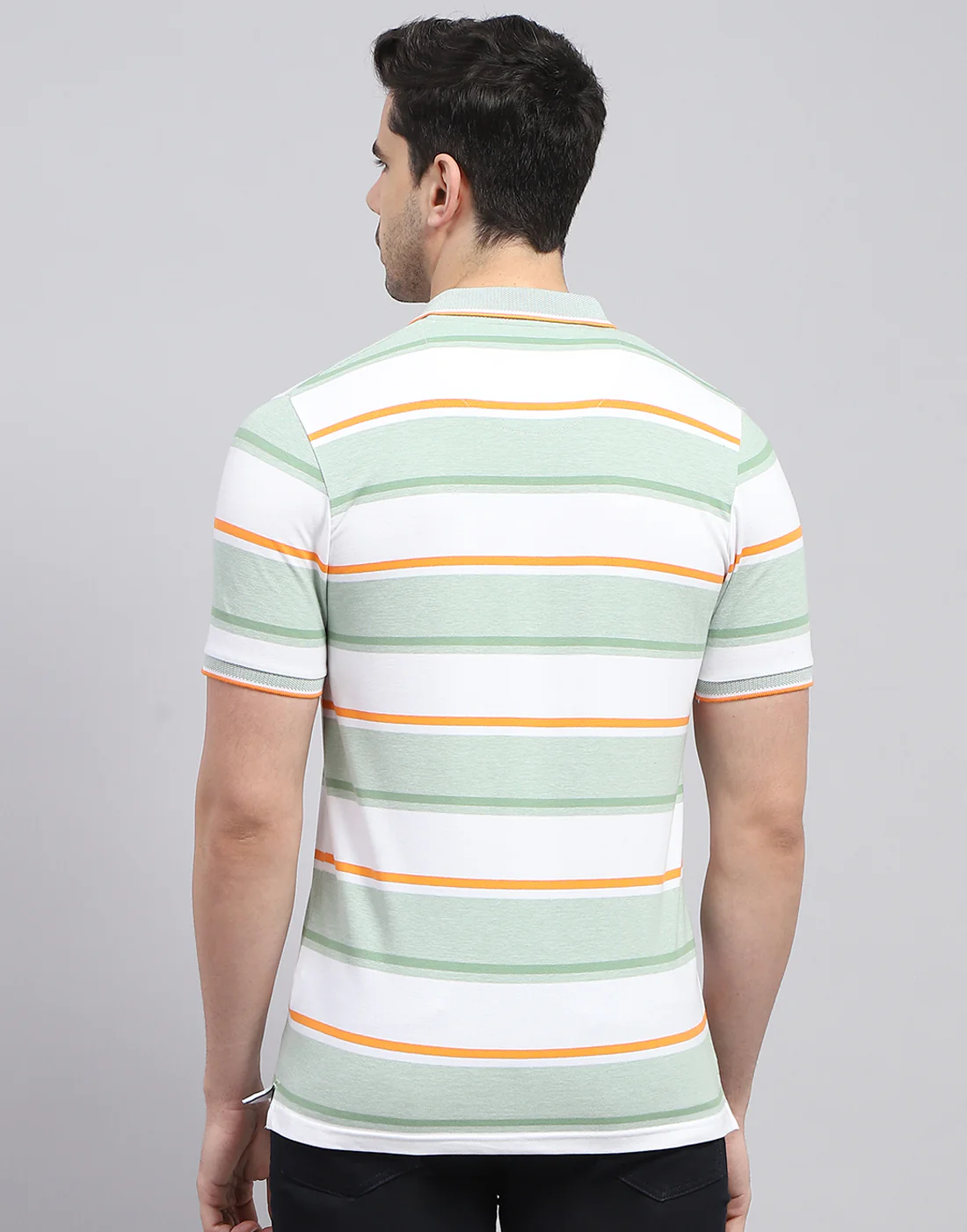 Men Green Stripe Polo Collar Half Sleeve T-Shirt - Image 5