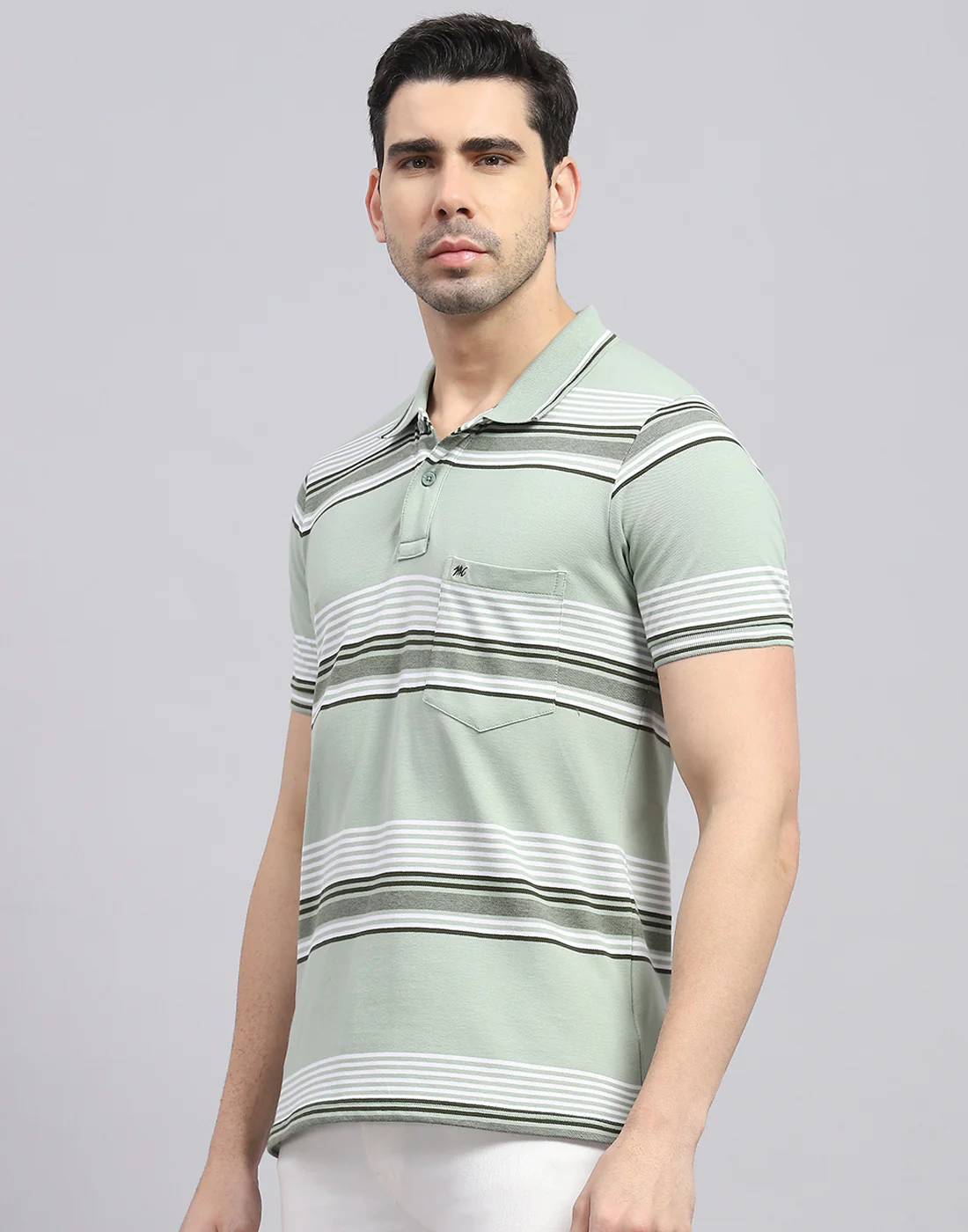 Men Green Stripe Polo Collar Half Sleeve T-Shirt - Image 3
