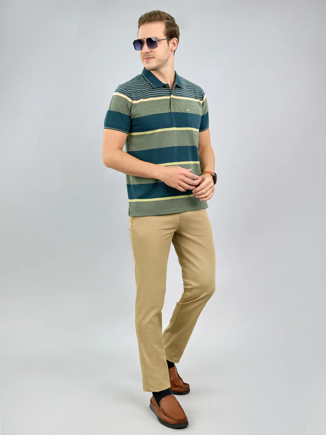 Men Green Stripe Polo Collar Half Sleeve T-Shirt - Image 6