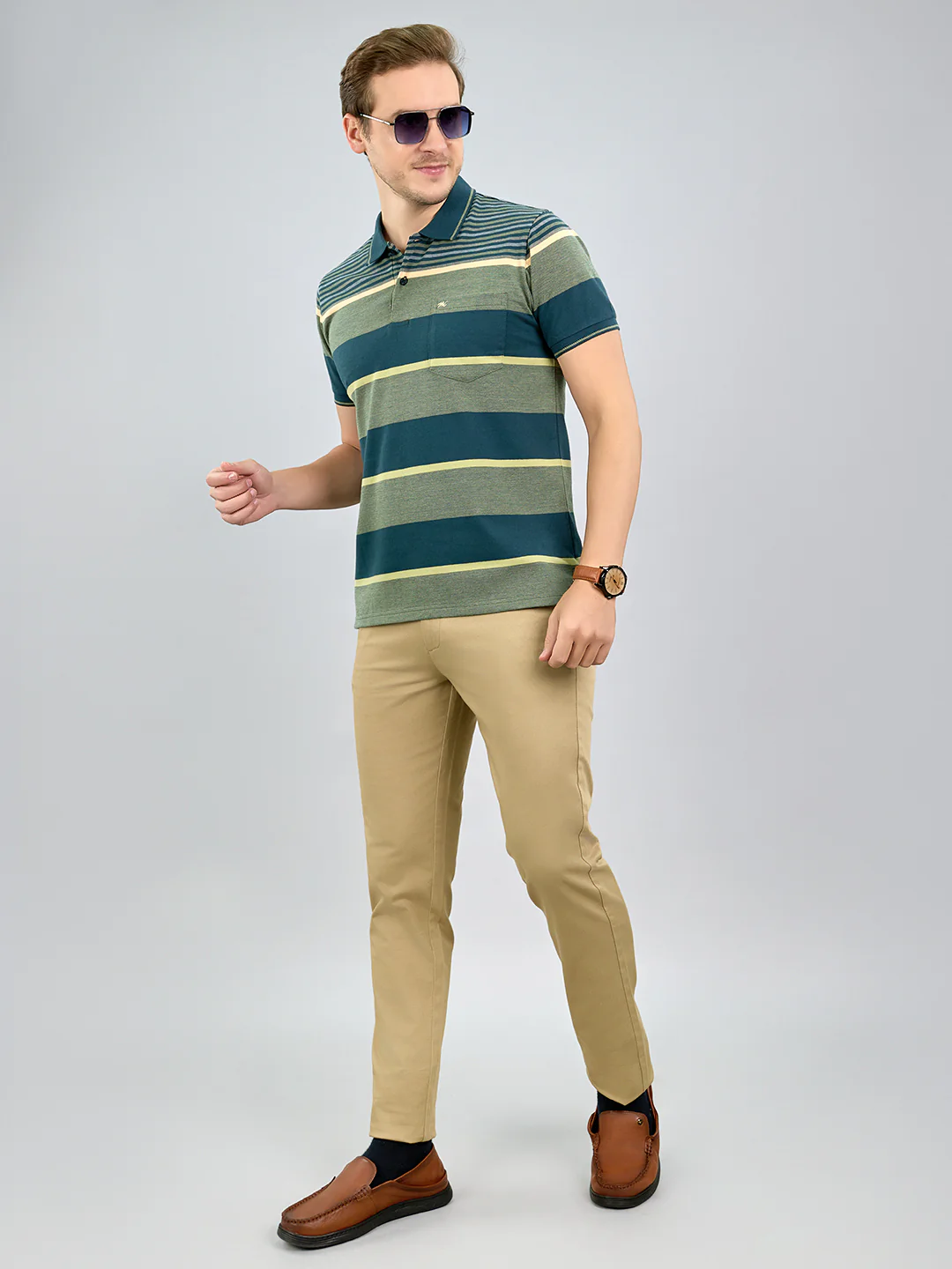 Men Green Stripe Polo Collar Half Sleeve T-Shirt - Image 7