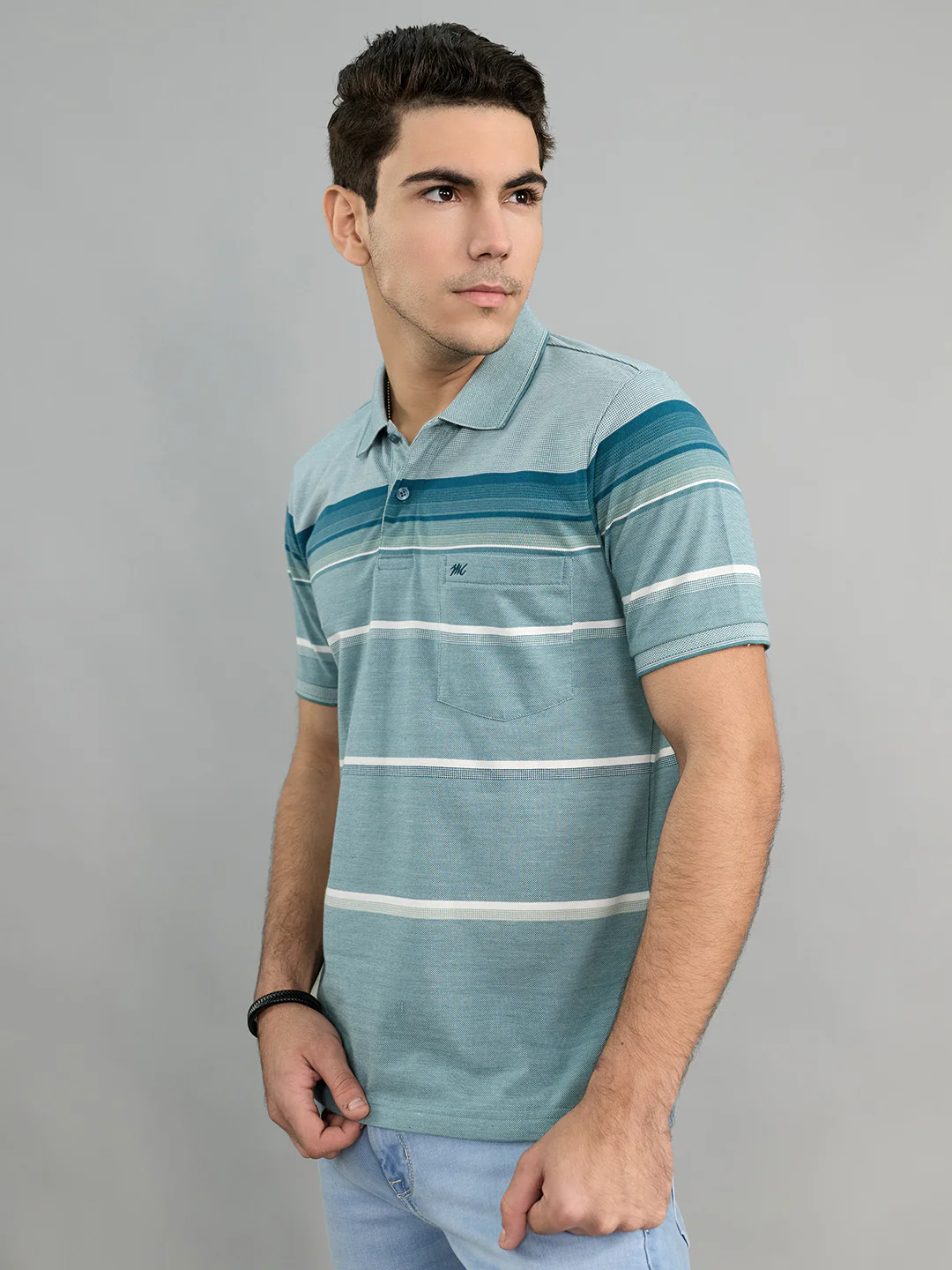 Men Green Stripe Polo Collar Half Sleeve T-Shirt - Image 3
