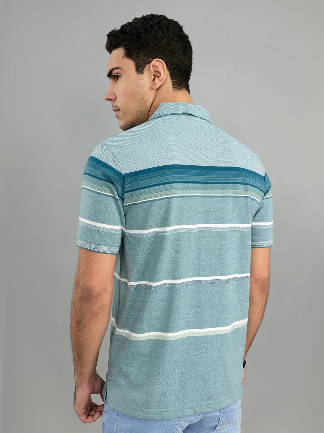 Men Green Stripe Polo Collar Half Sleeve T-Shirt - Image 4