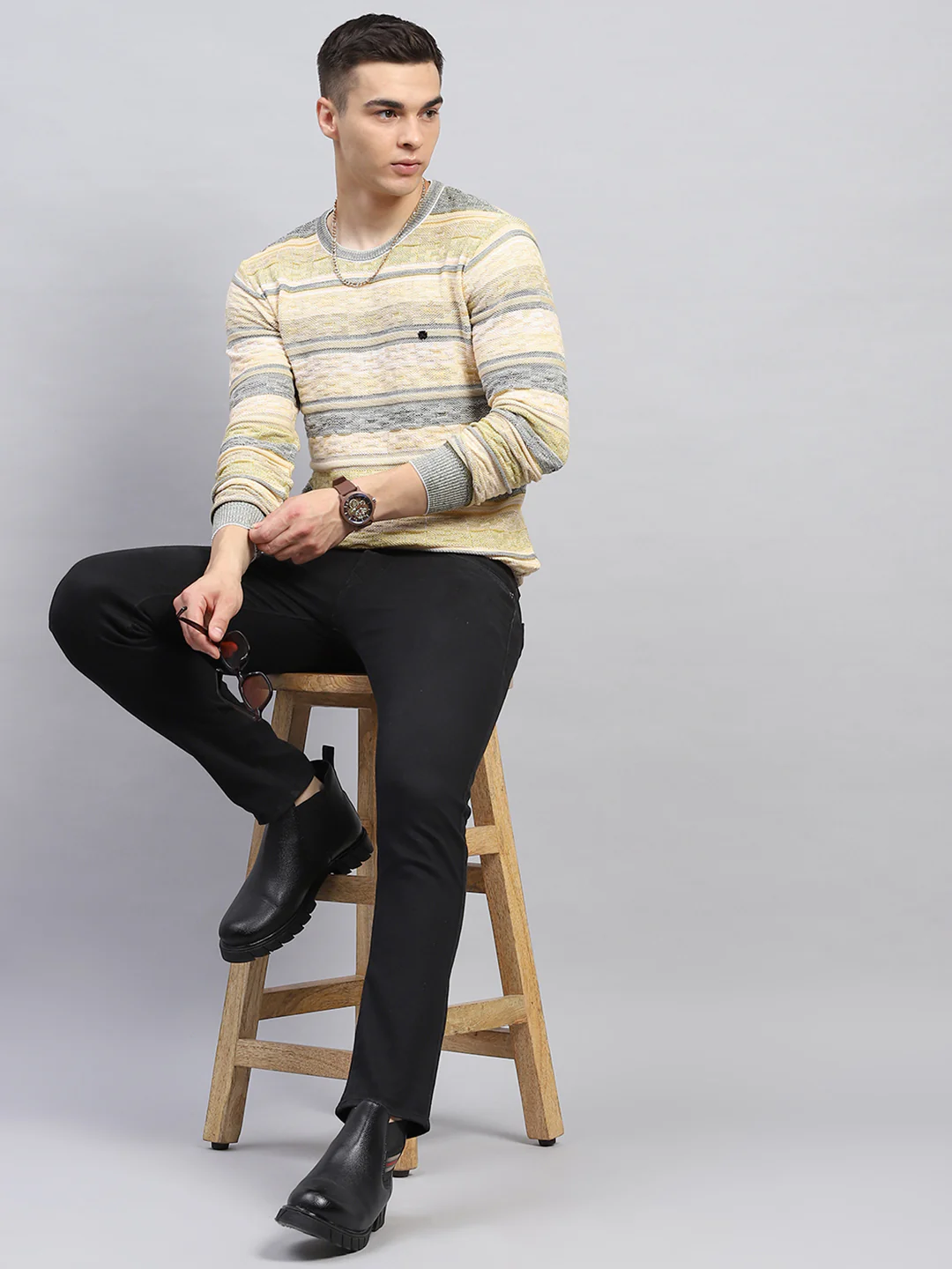 Men Green Stripe Round Neck Full Sleeve Pullover - Image 2