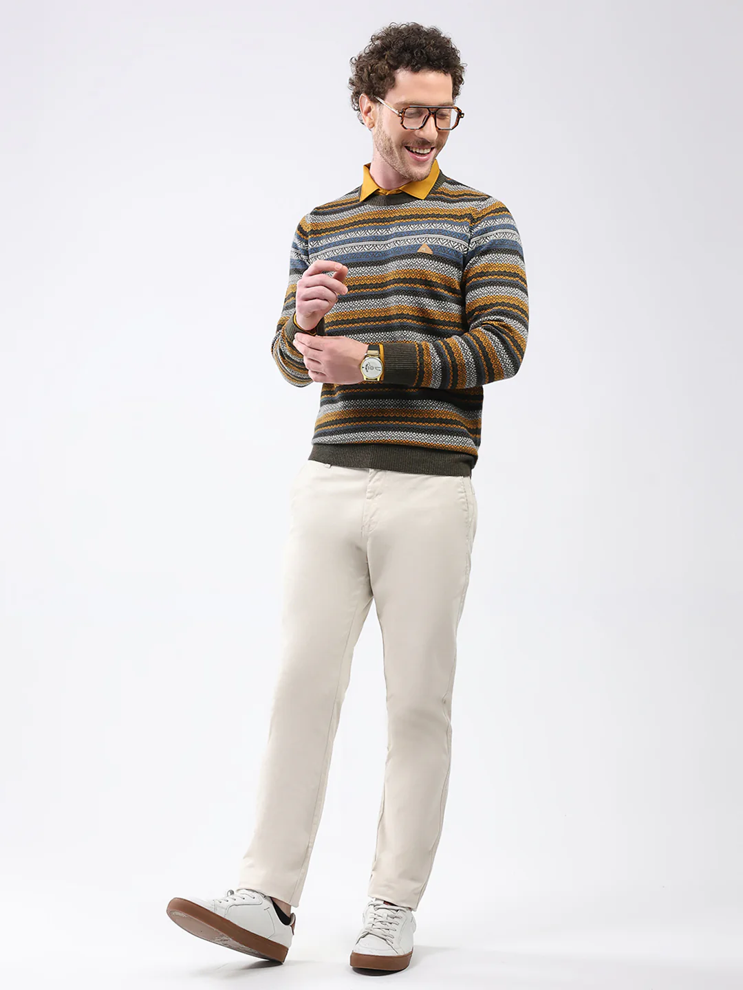 Men Green Stripe Round Neck Full Sleeve Pullover - Image 2