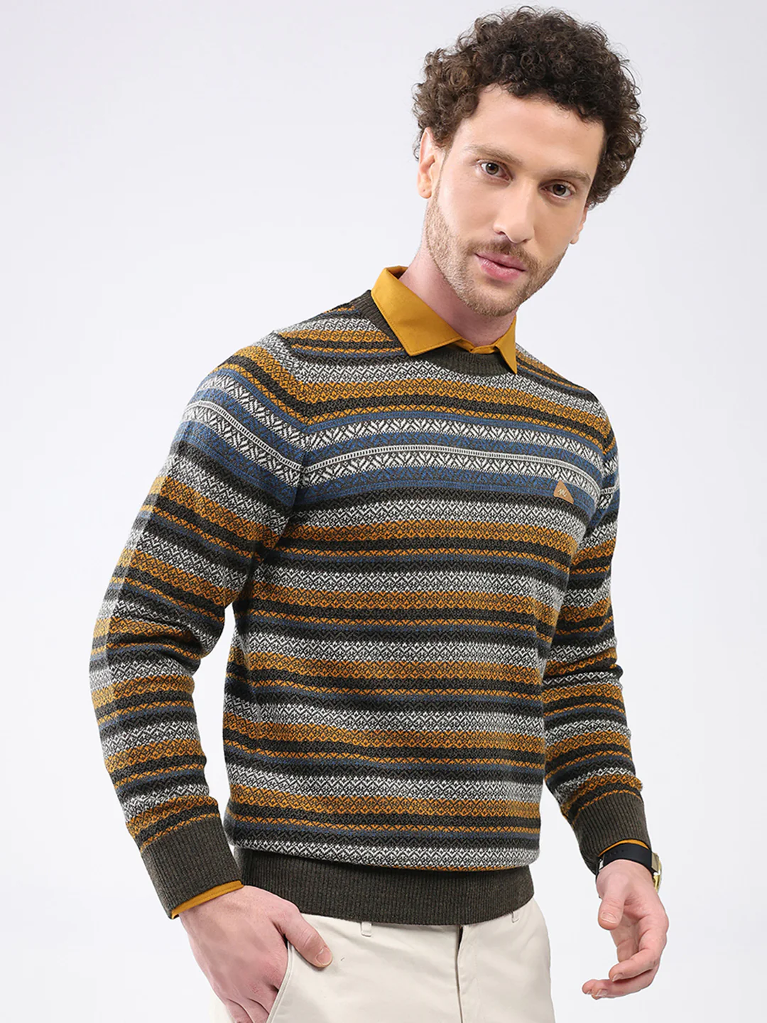 Men Green Stripe Round Neck Full Sleeve Pullover - Image 4