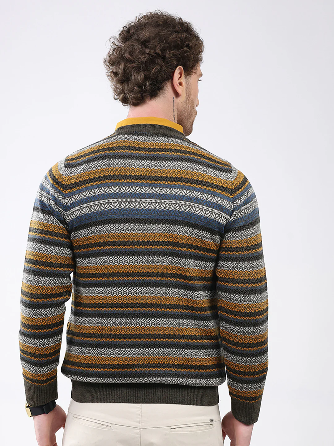 Men Green Stripe Round Neck Full Sleeve Pullover - Image 5