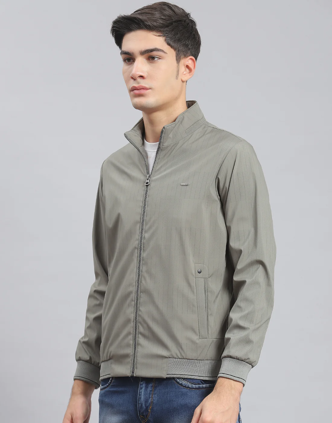 Men Green Stripe Stand Collar Full Sleeve Jacket - Image 3