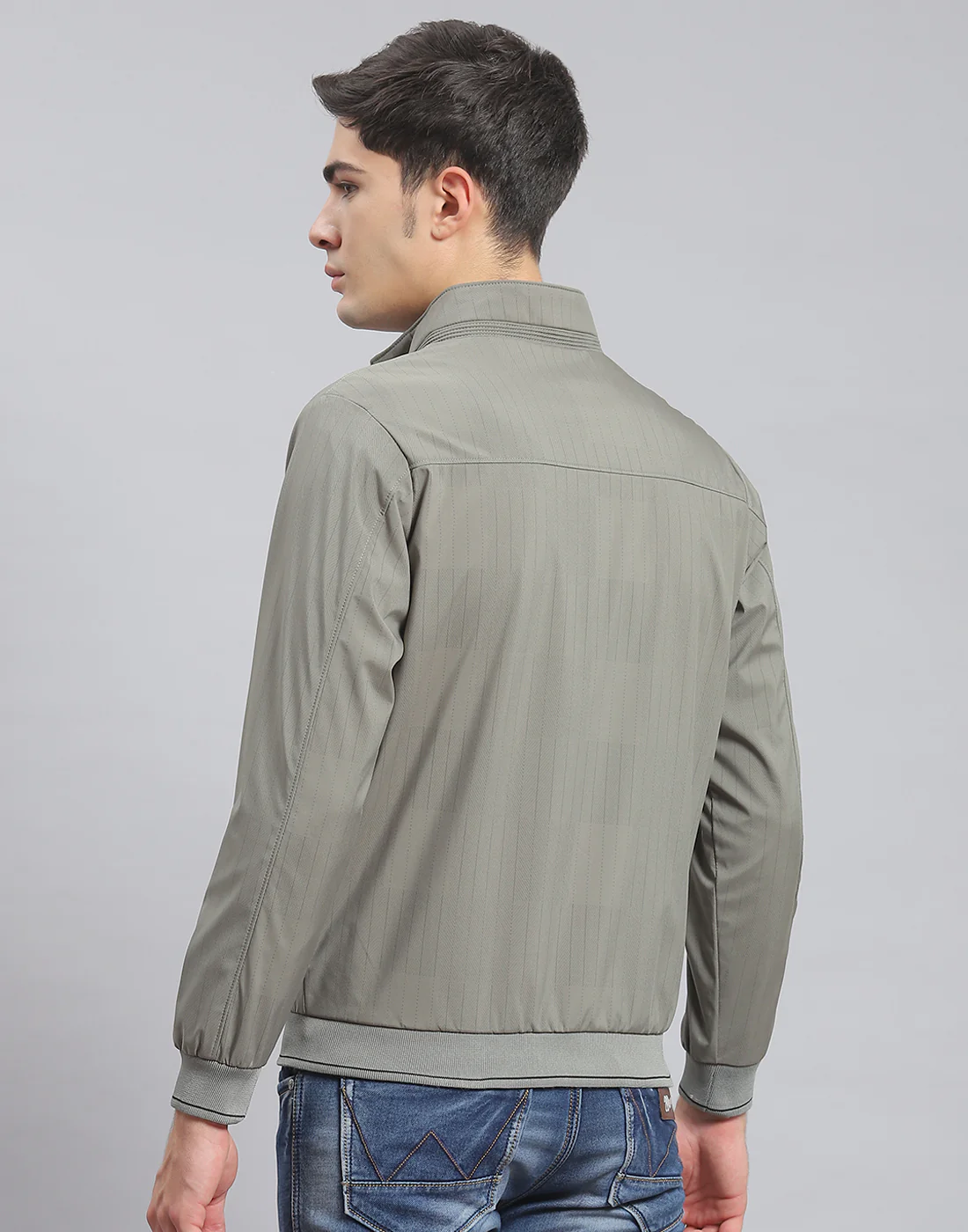 Men Green Stripe Stand Collar Full Sleeve Jacket - Image 5