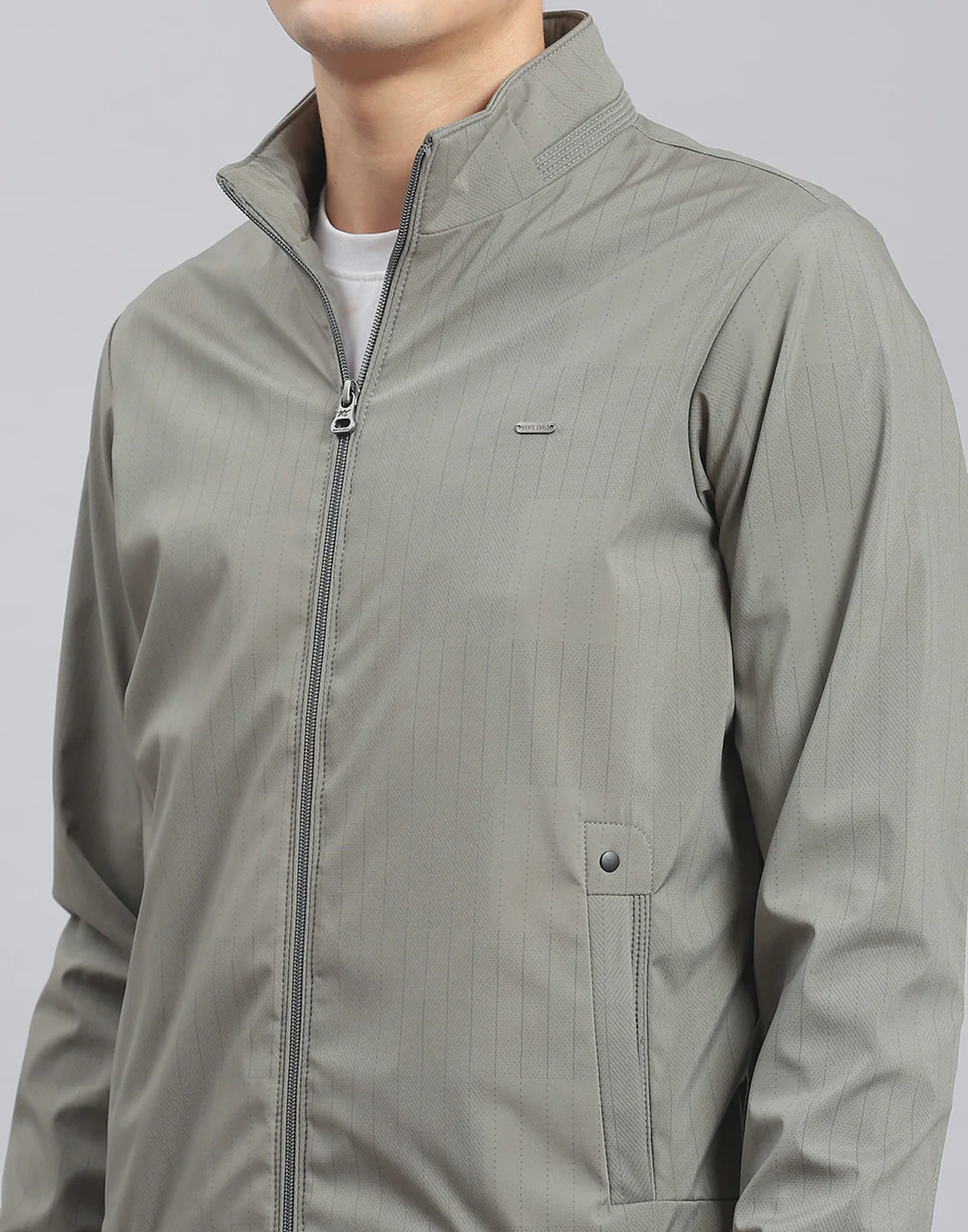 Men Green Stripe Stand Collar Full Sleeve Jacket - Image 6