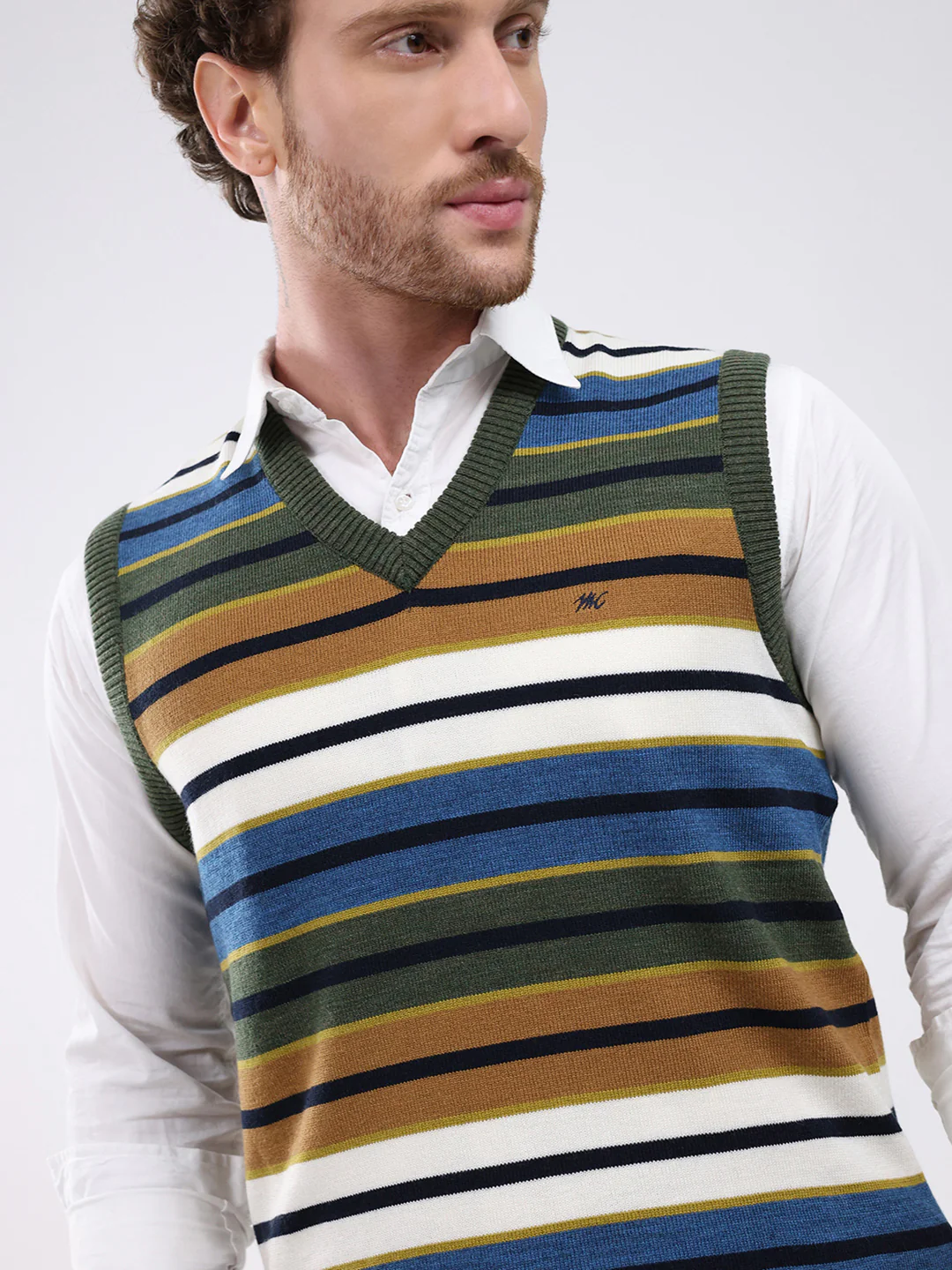 Men Green Stripe V Neck Sleeveless Sweater - Image 6
