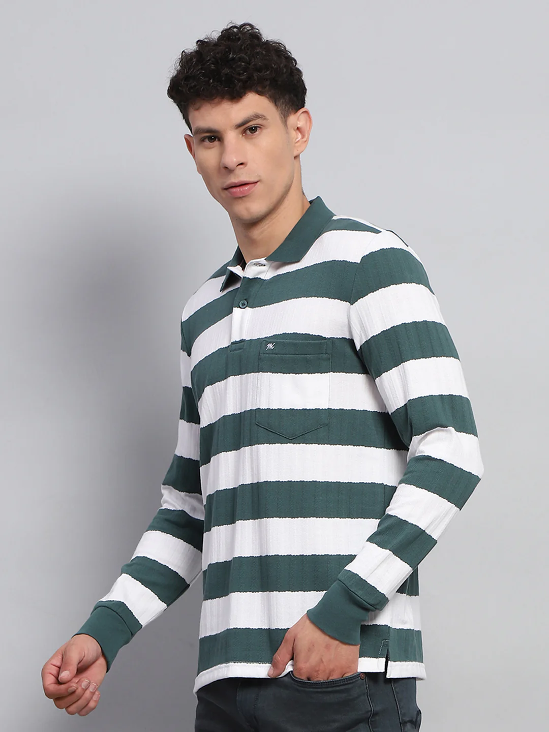 Men Green & White Stripe Collar Full Sleeve Winter T-Shirt - Image 3