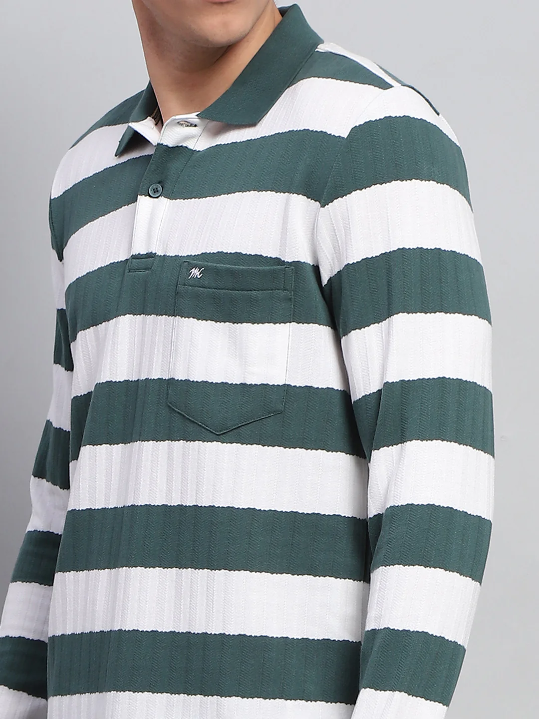 Men Green & White Stripe Collar Full Sleeve Winter T-Shirt - Image 6