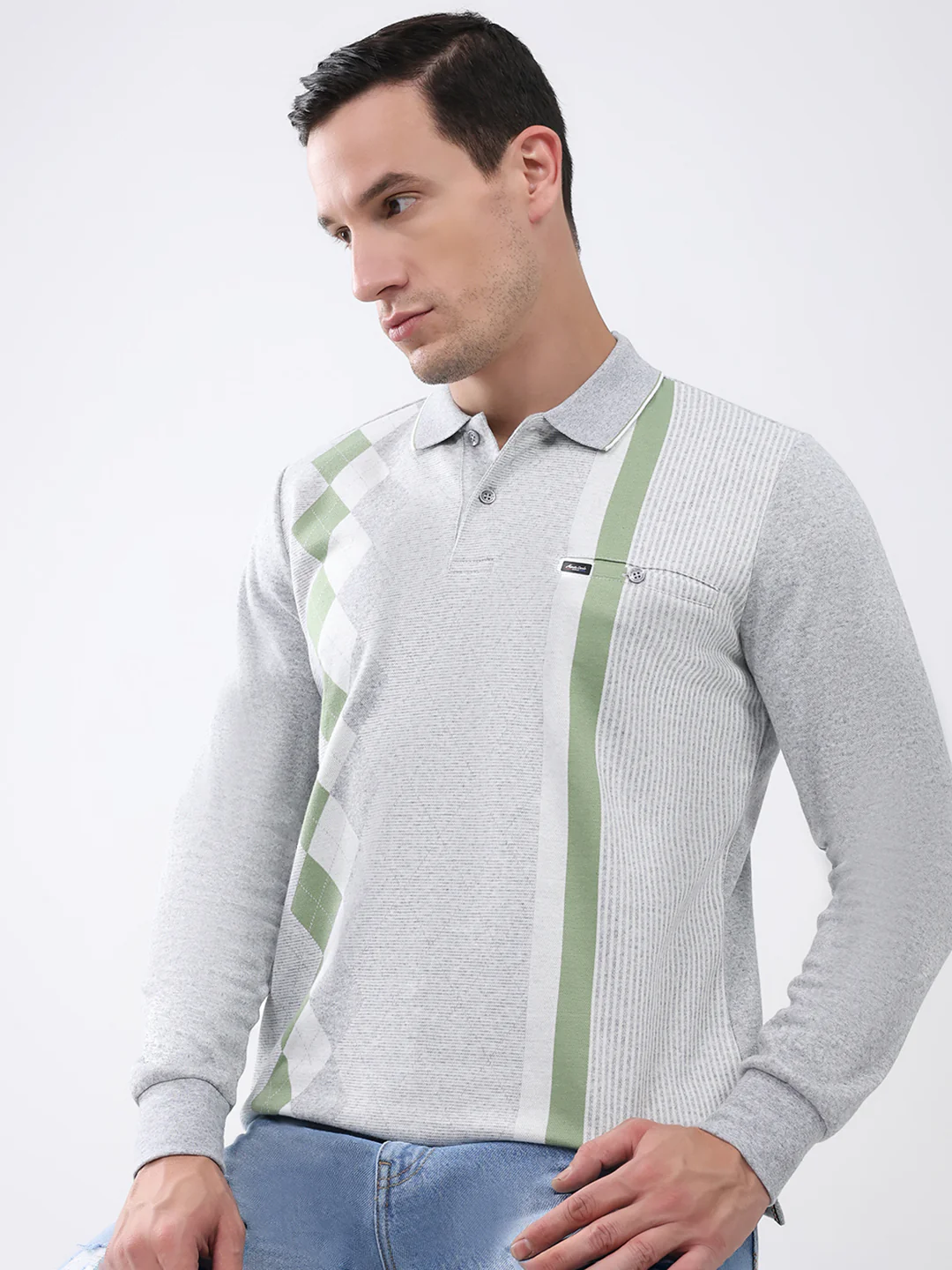 Men Grey Abstract Collar Full Sleeve Winter T-Shirt - Image 6