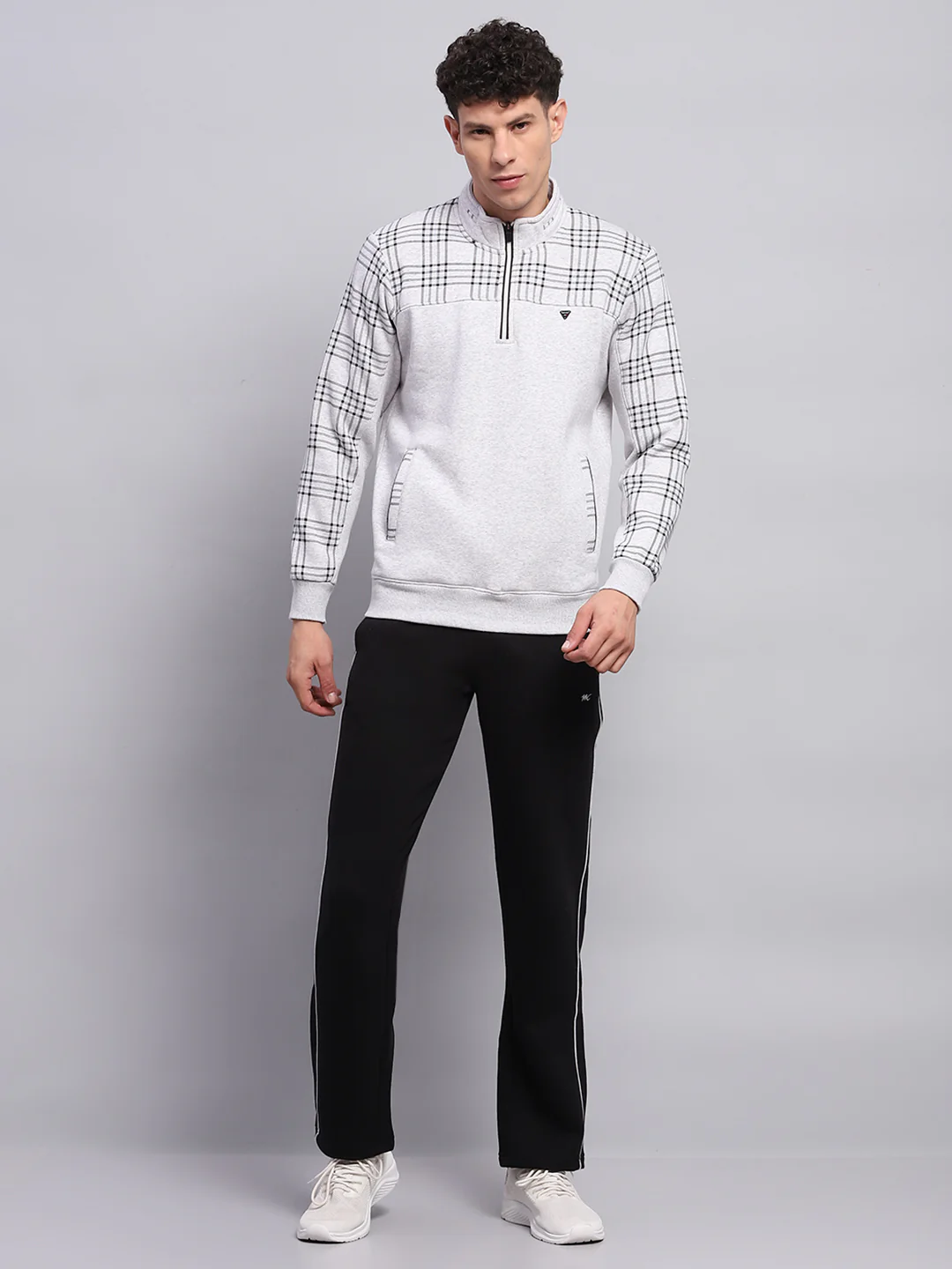 Men Grey & Black Self Design Mock Neck Full Sleeve Winter Tracksuit