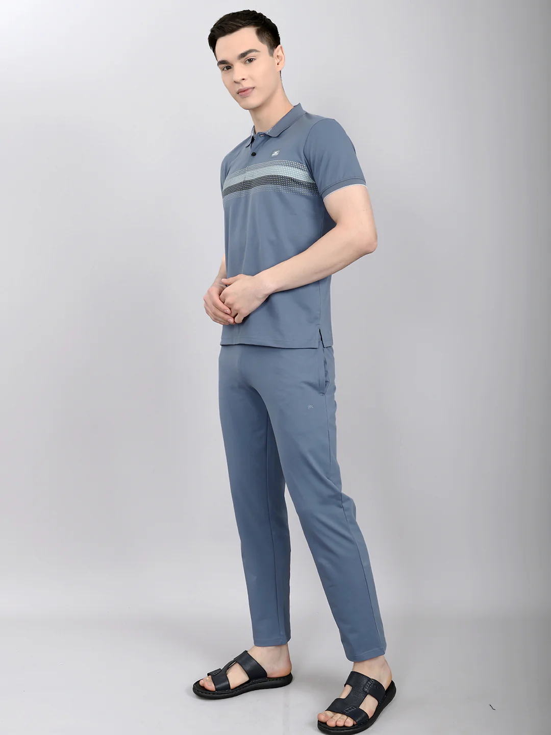 Men Grey & Blue Solid Round Neck Half Sleeve Lower Set - Image 2