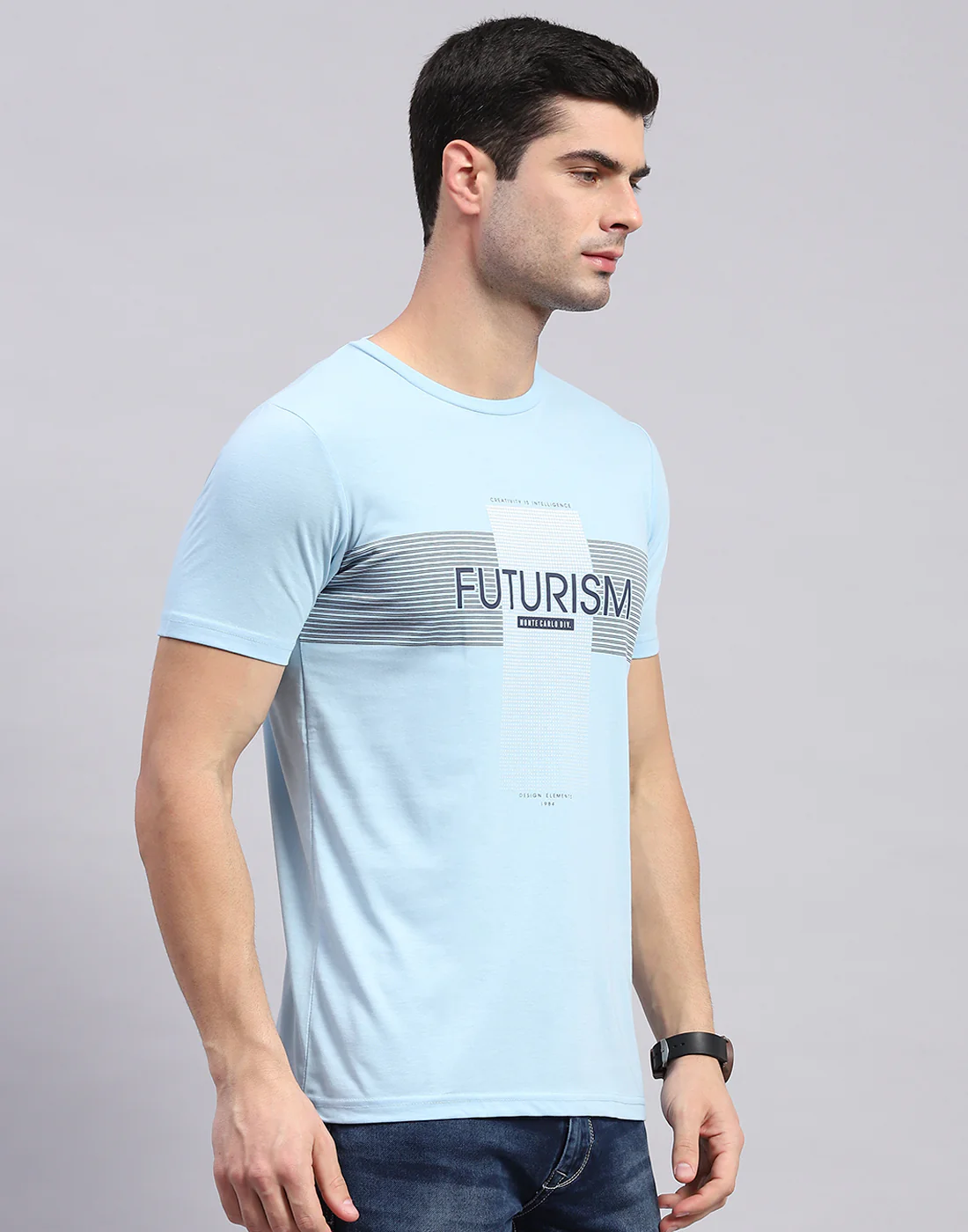 Men Grey & Blue Solid Round Neck Half Sleeve T-Shirt - Image 5