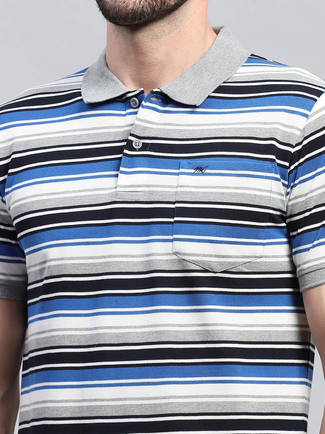 Men Grey & Blue Stripe Collar Half Sleeve T-Shirt - Image 6