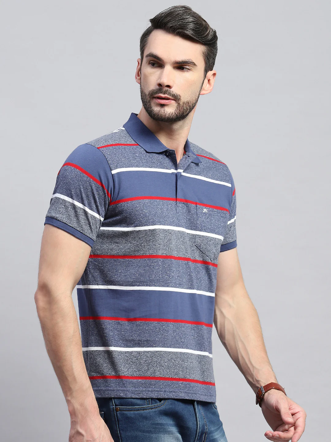 Men Grey & Blue Stripe Collar Half Sleeve T-Shirt - Image 4