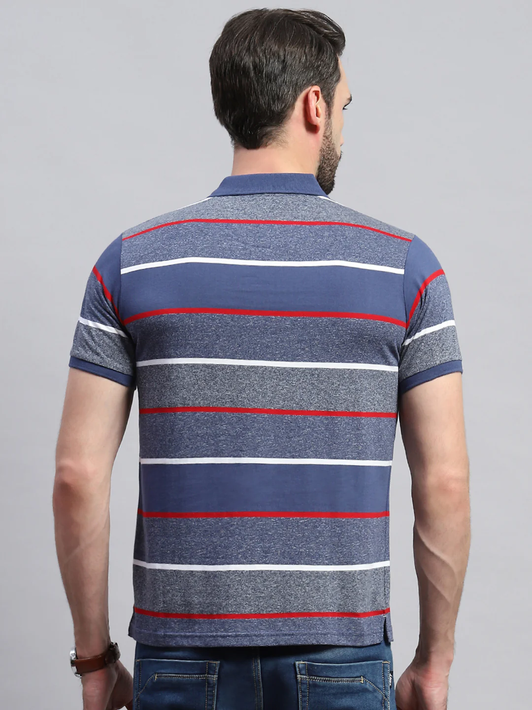 Men Grey & Blue Stripe Collar Half Sleeve T-Shirt - Image 5