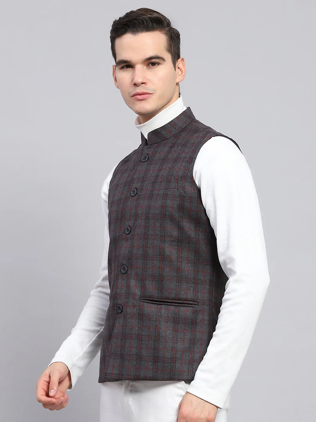 Men Grey Check Band Collar Sleeveless Jacket - Image 3