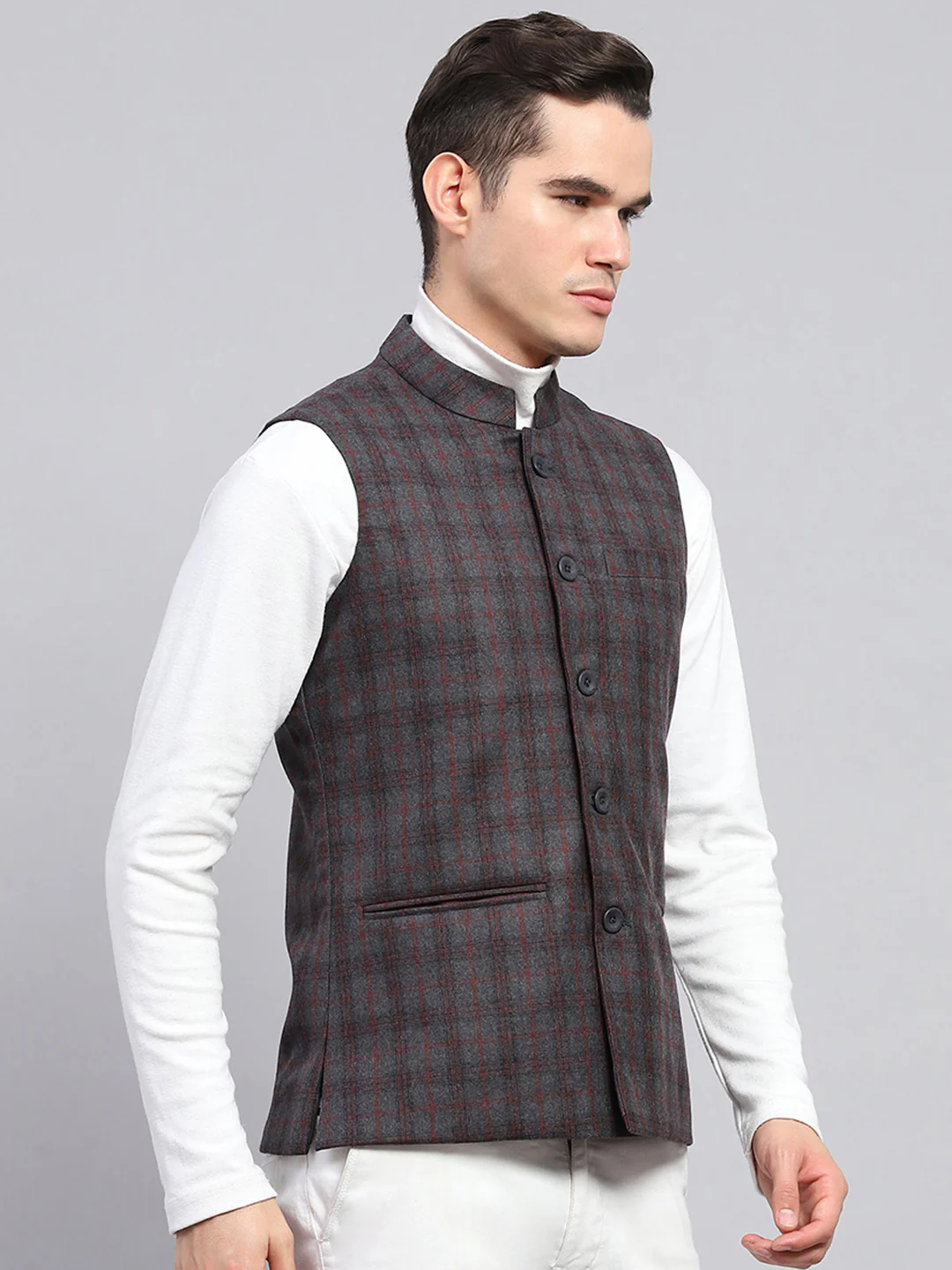 Men Grey Check Band Collar Sleeveless Jacket - Image 4