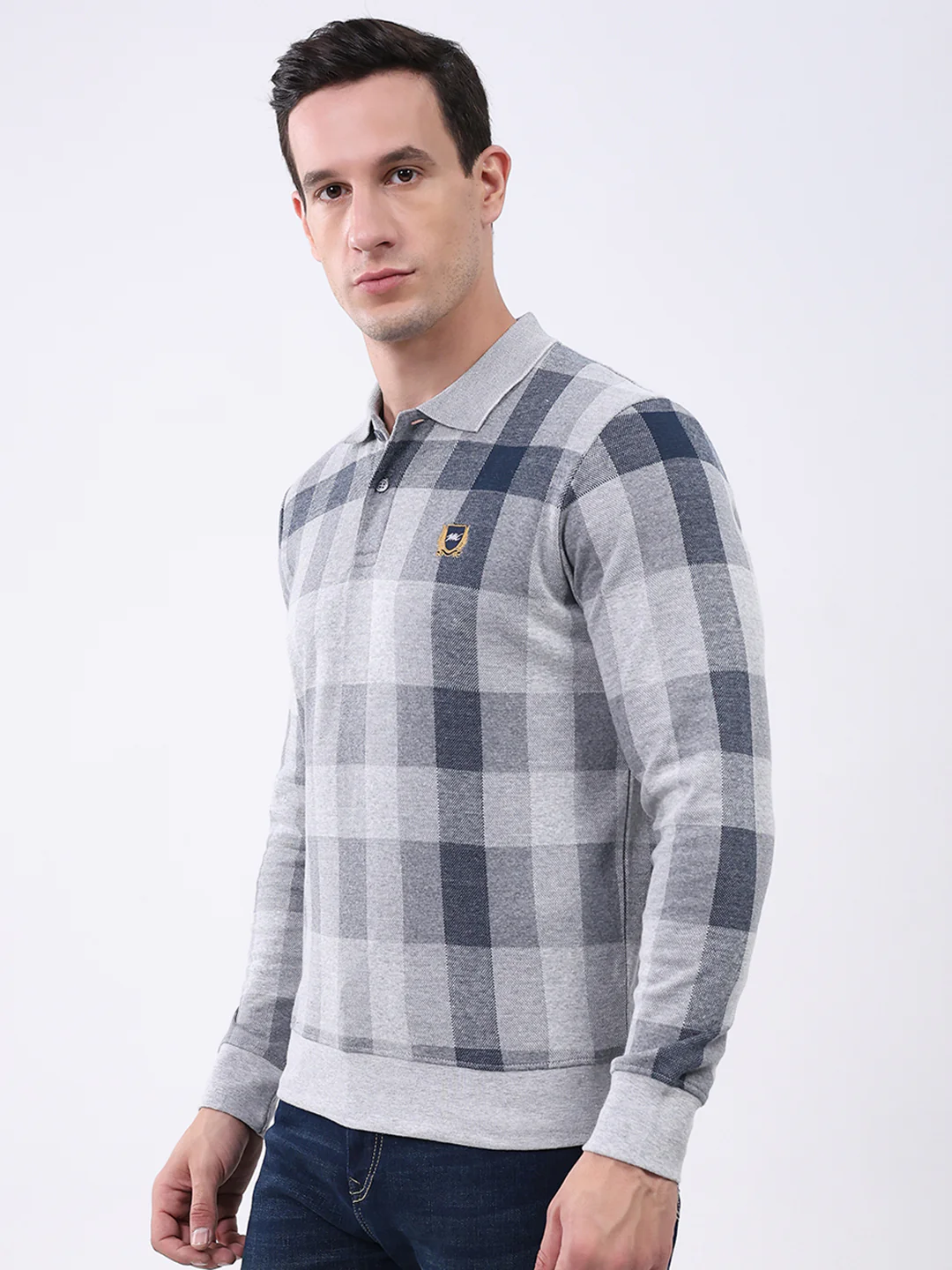 Men Grey Check Collar Full Sleeve Winter T-Shirt - Image 3
