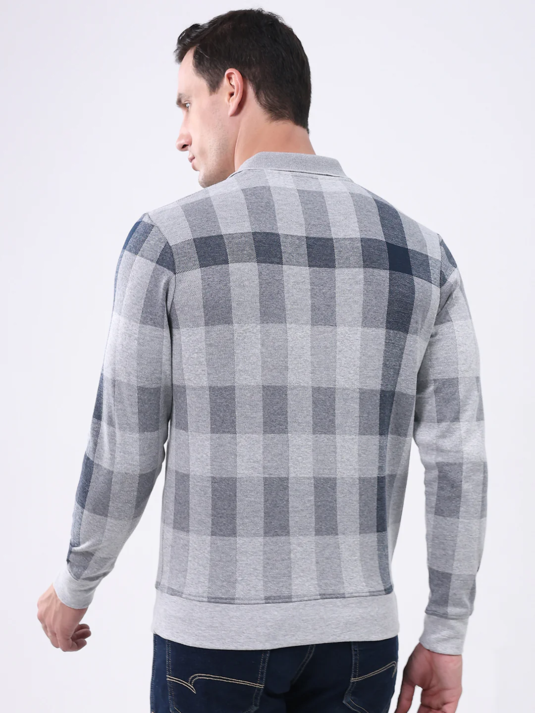Men Grey Check Collar Full Sleeve Winter T-Shirt - Image 5