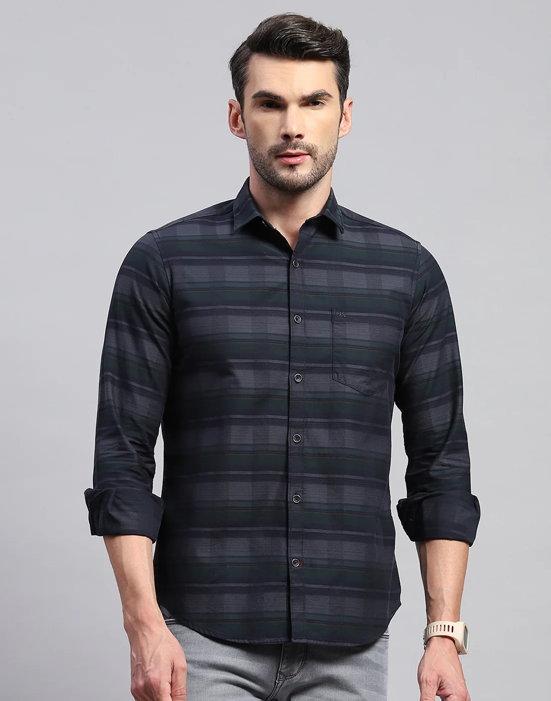 Men Grey Check Collar Neck Full Sleeve Shirt