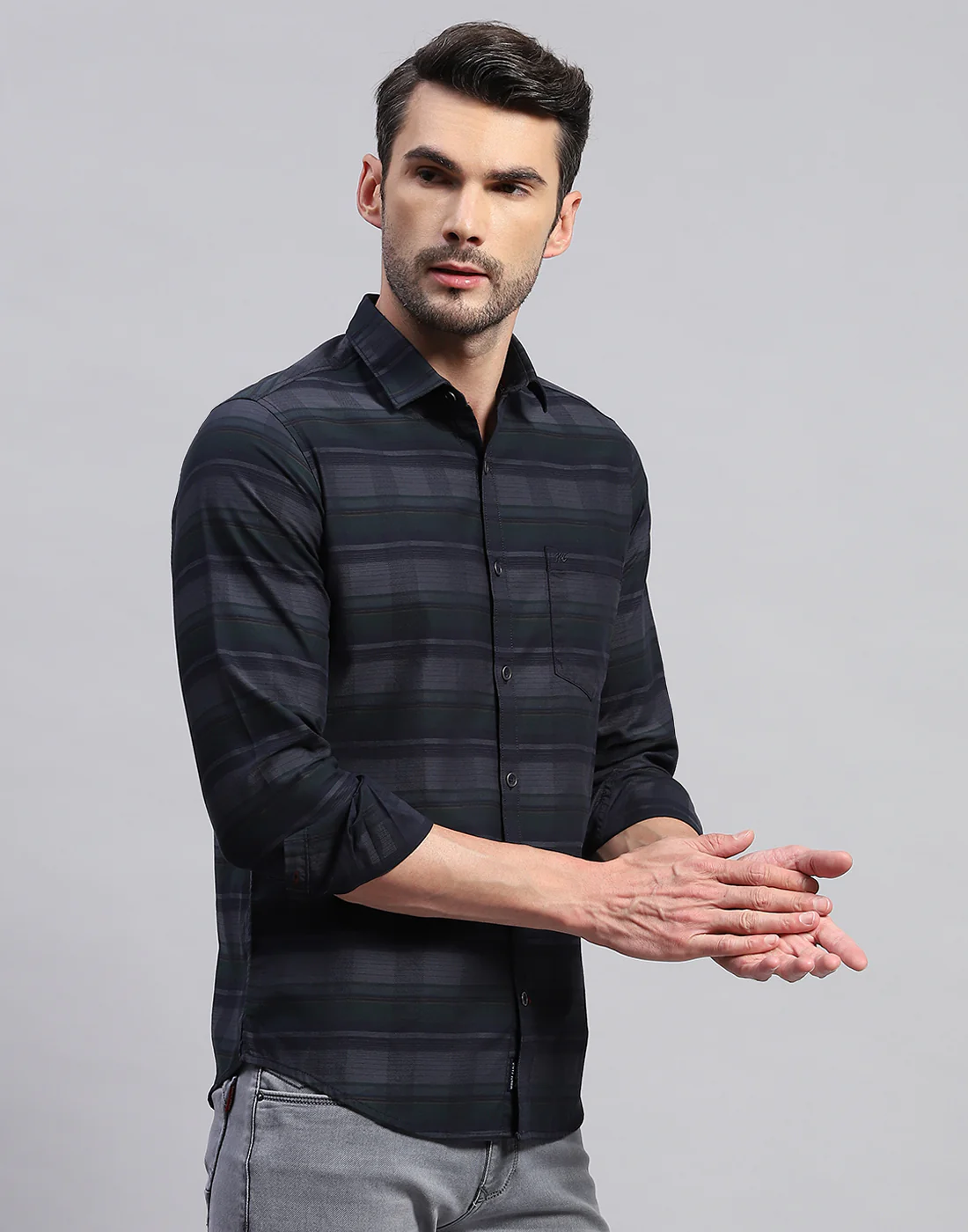 Men Grey Check Collar Neck Full Sleeve Shirt - Image 4