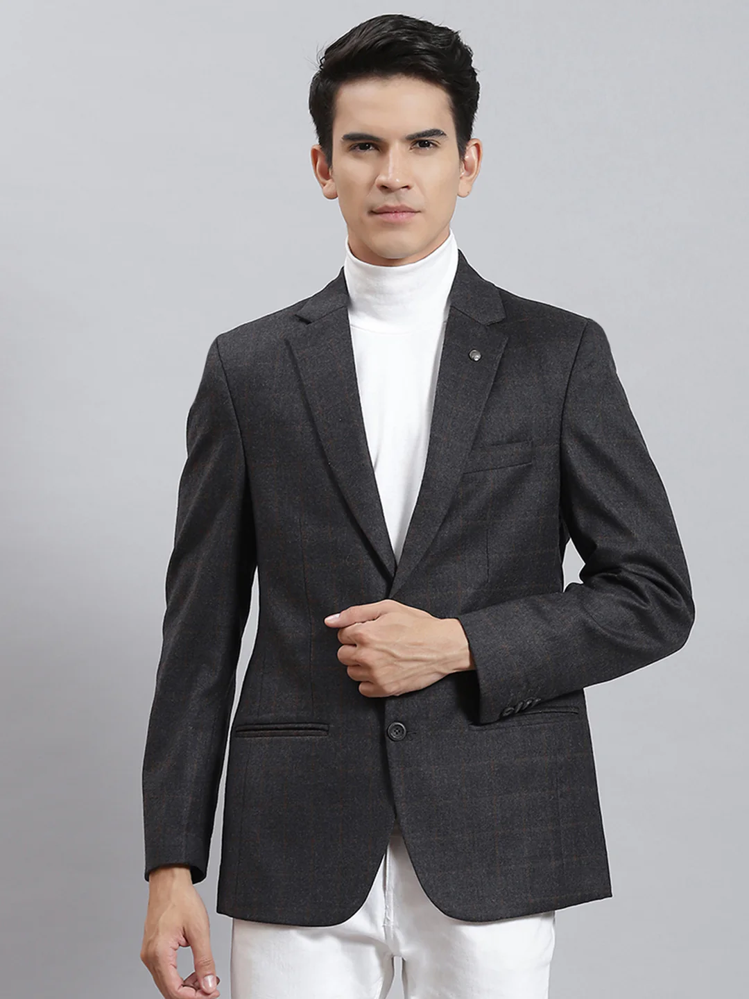 Men Grey Check Lapel Collar Full Sleeve Coat - Image 2