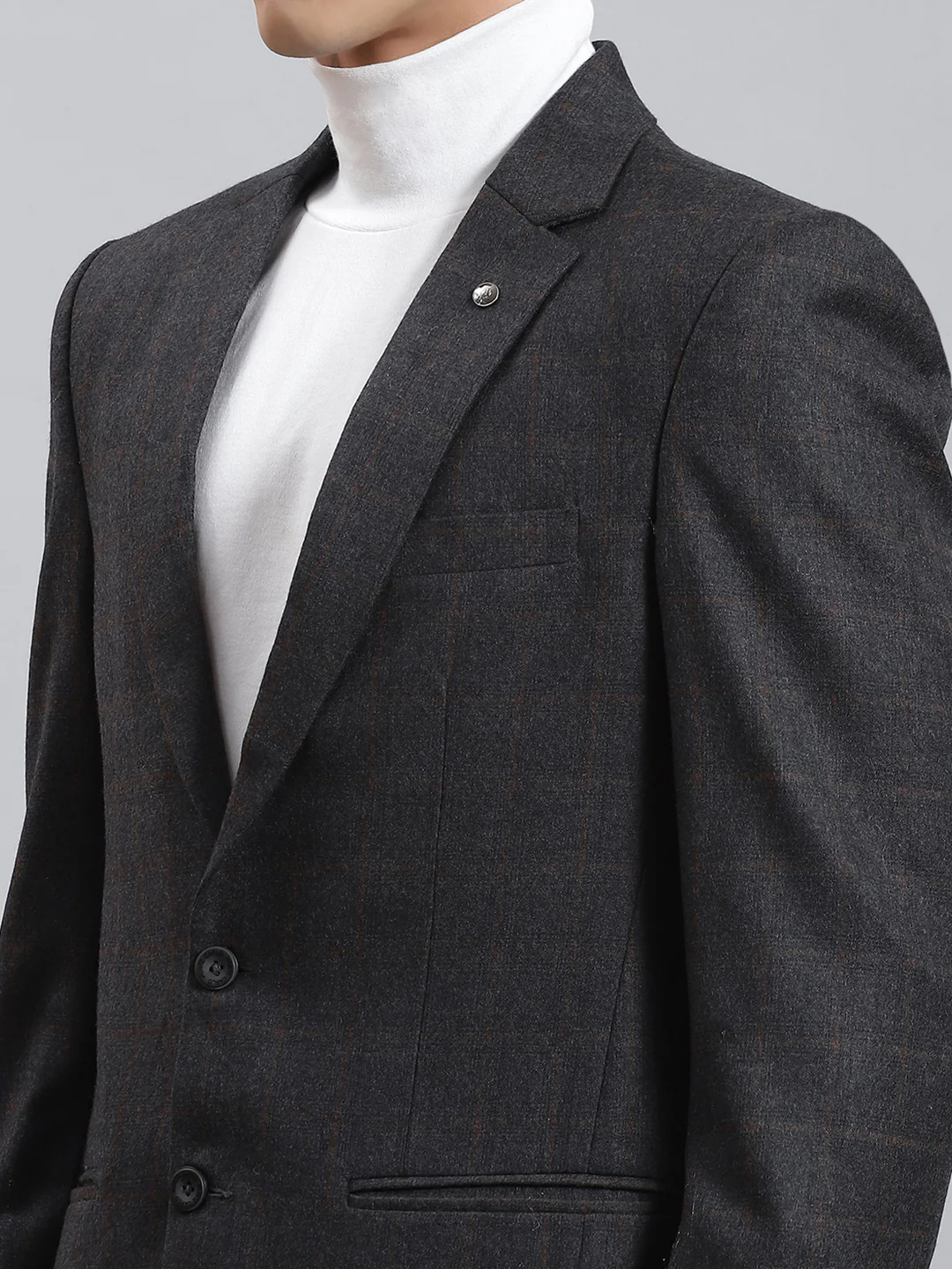 Men Grey Check Lapel Collar Full Sleeve Coat - Image 6