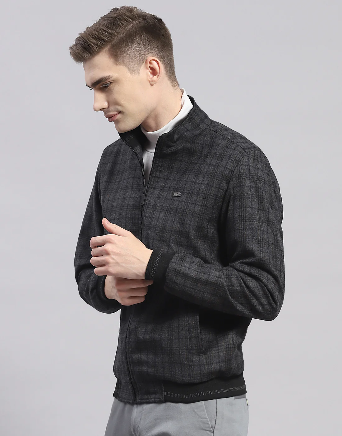 Men Grey Check Mandarin Collar Full Sleeve Jacket - Image 3