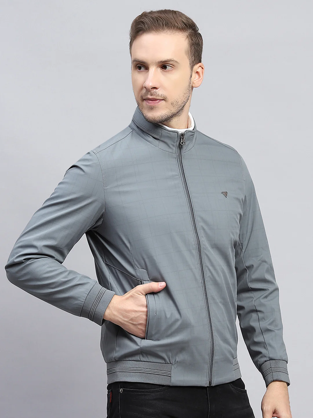 Men Grey Check Mock Neck Full Sleeve Jacket - Image 4
