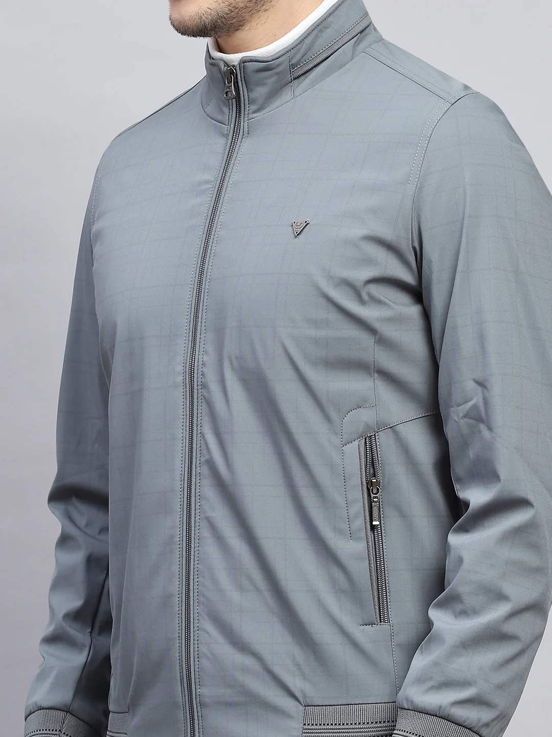 Men Grey Check Mock Neck Full Sleeve Jacket - Image 6