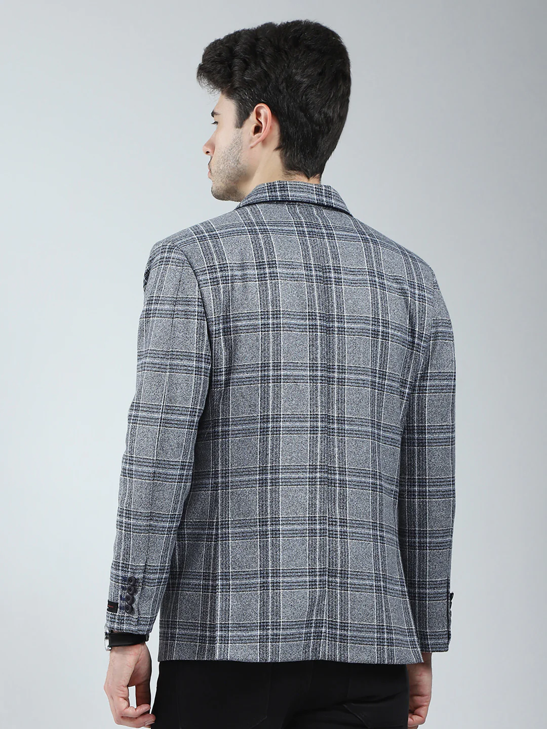 Men Grey Check Notch Lapel Collar Full Sleeve Blazer - Image 5
