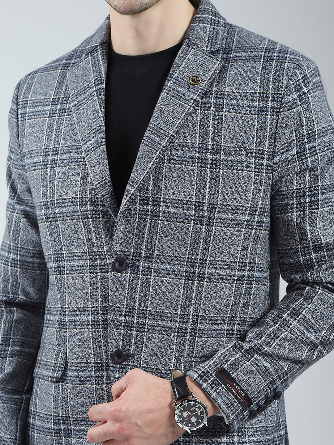 Men Grey Check Notch Lapel Collar Full Sleeve Blazer - Image 6
