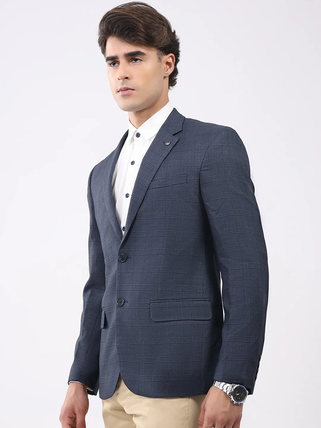 Men Grey Check Notch Lapel Collar Full Sleeve Coat - Image 3