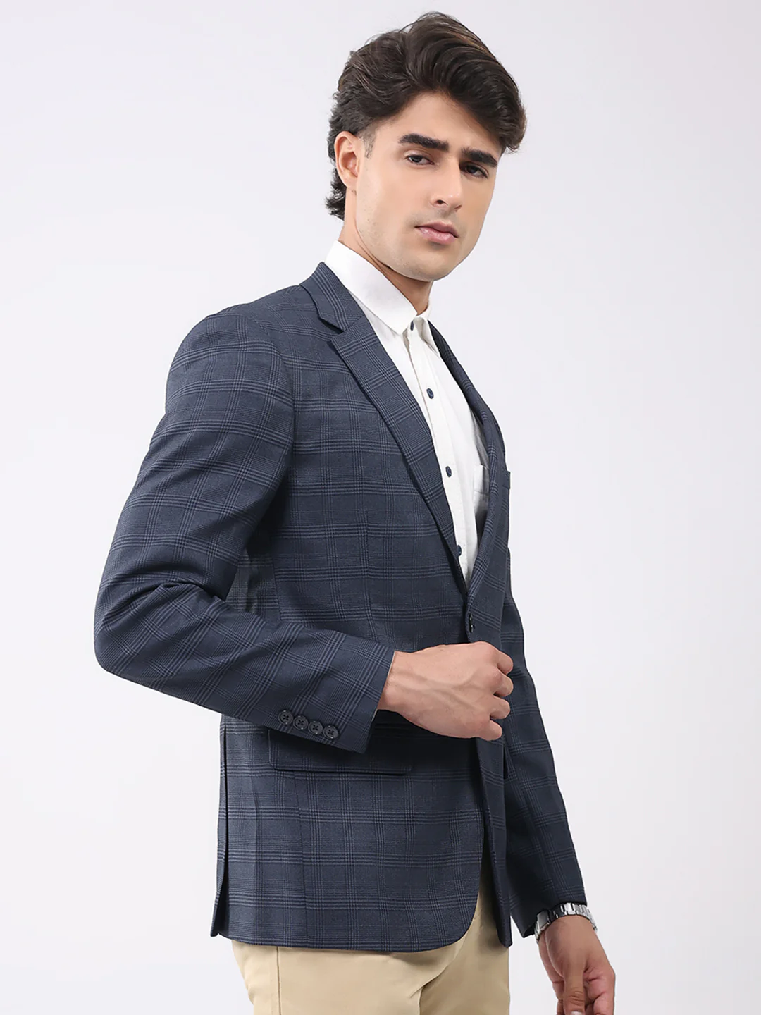 Men Grey Check Notch Lapel Collar Full Sleeve Coat - Image 4