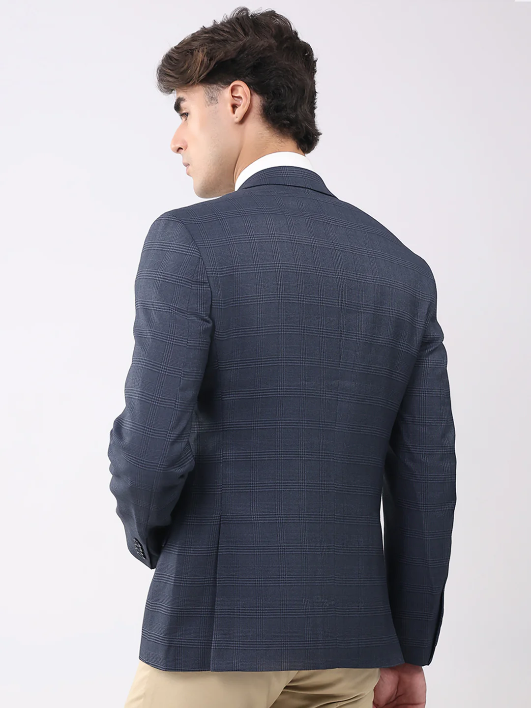 Men Grey Check Notch Lapel Collar Full Sleeve Coat - Image 5