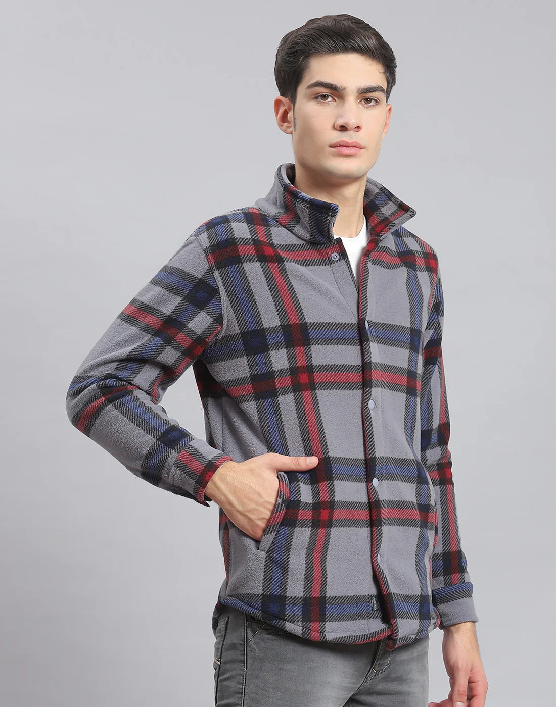 Men Grey Check Stand Collar Full Sleeve Sweatshirt - Image 4